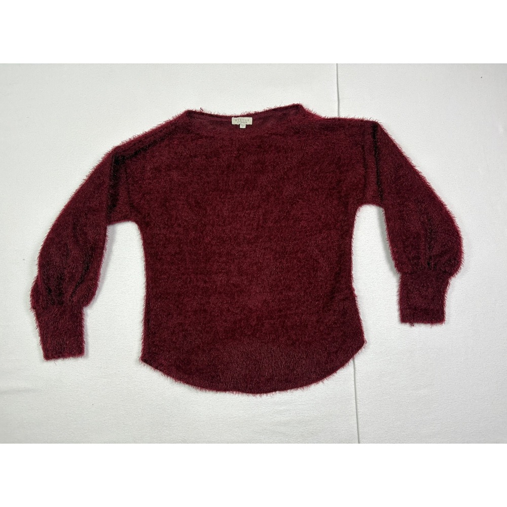 Status by Chenault Womens Burgundy Eyelash Knit Fuzzy Balloon Sleeve Sweater S